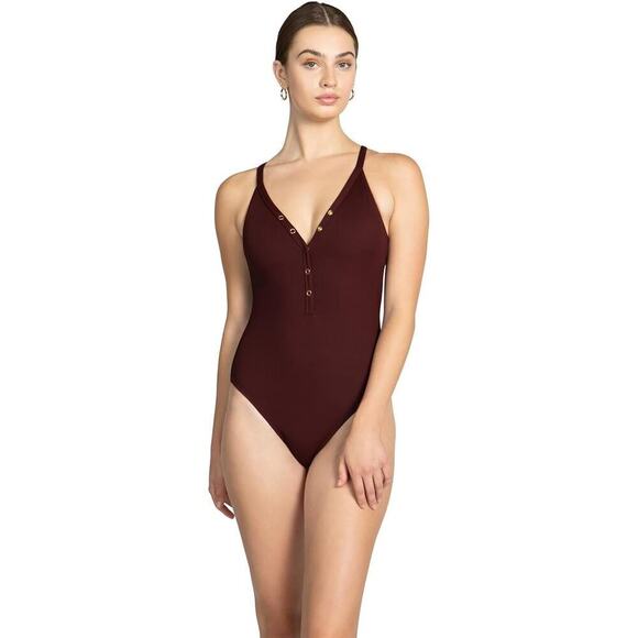 Robin Piccone Amy Ribbed One Piece Snap Swimsuit Sleeveless All Spice Size 4 NWT - Picture 1 of 12